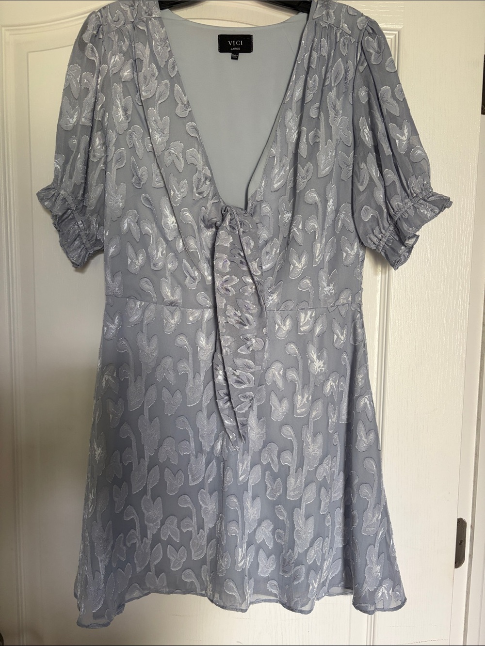 VICI Pale Blue Metallic Floral Tie-Front Mini Dress